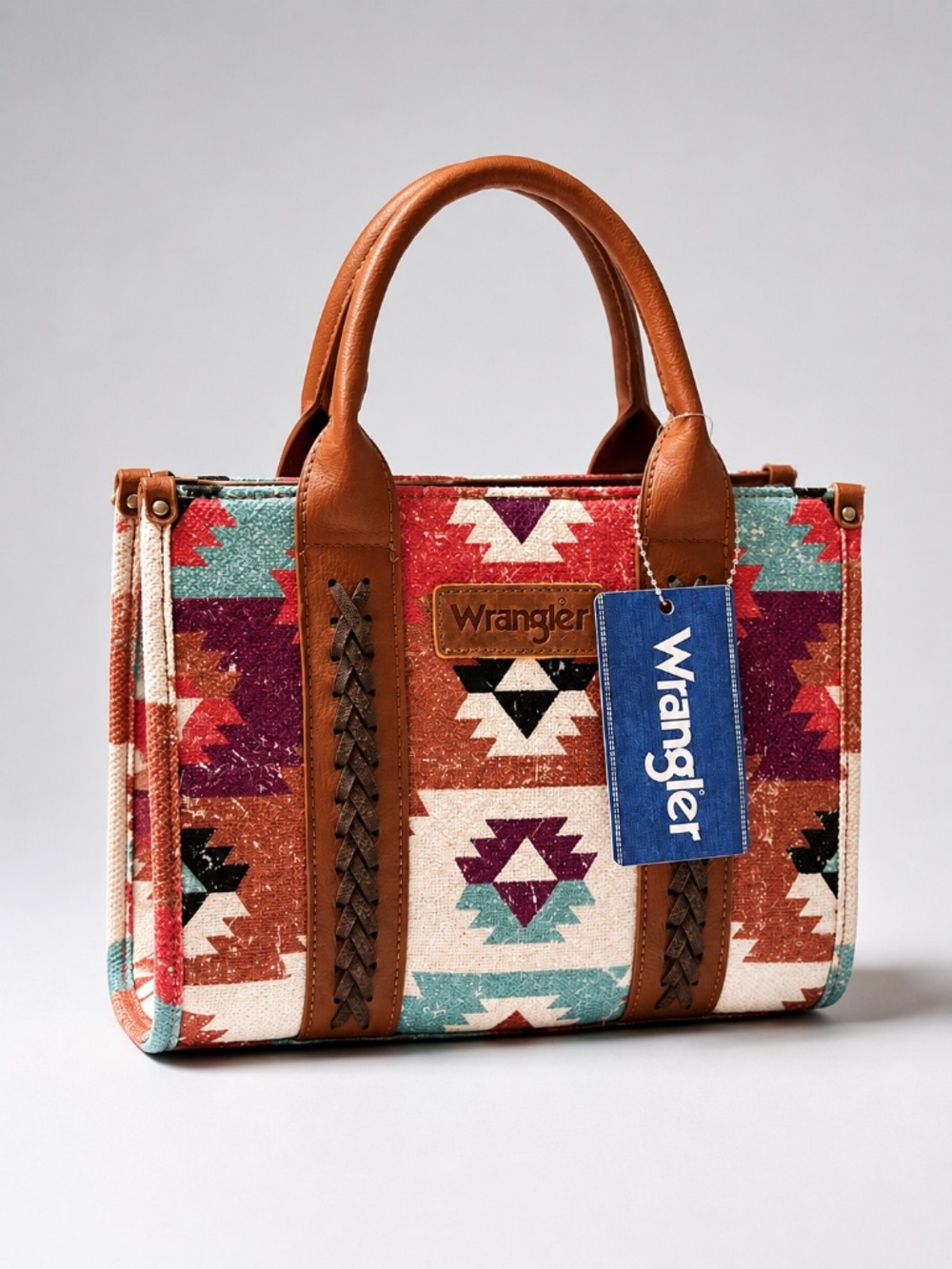 NWT Wrangler Southwestern Canvas Tote Satchel Bag Aztec Print Braided Crossbody